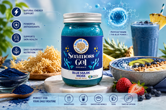 Healing Moss Blue Majik sea moss gel with blue spirulina, sea moss, smoothie, and wellness benefit visuals for energy and antioxidants.