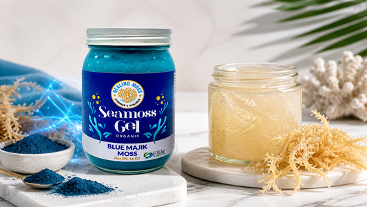 Blue sea moss gel vs regular sea moss gel shown side by side with Blue Majik, blue spirulina, and natural sea moss ingredients.