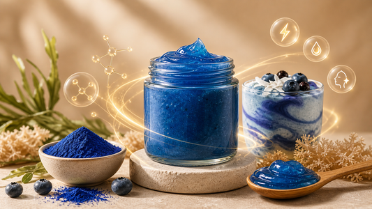 Blue Majik sea moss gel with blue spirulina powder, smoothie bowl, and wellness ingredients on a tan background