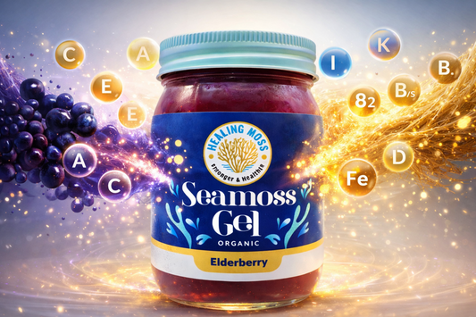 Elderberry sea moss gel superfood showing vitamins A C E K and minerals iodine iron with Healing Moss jar, natural immune booster Canada