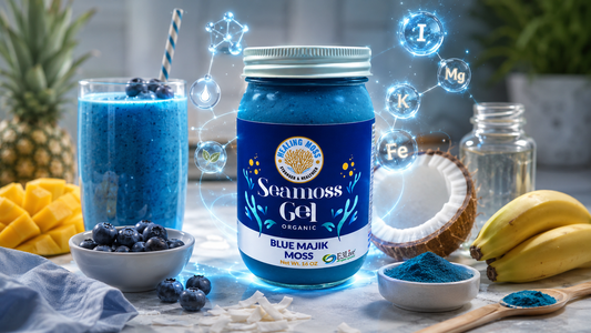 Healing Moss Blue Majik sea moss gel jar surrounded by blue smoothie, blue spirulina, mango, blueberries, banana, coconut, and glowing mineral icons for natural energy support.