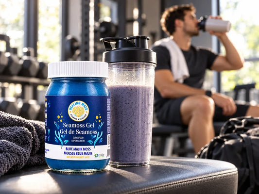 Healing Moss Blue Majik sea moss gel beside a protein shake in a gym with a man recovering after a workout