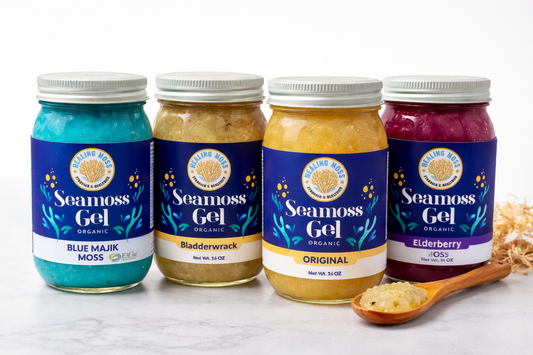 Healing Moss sea moss gel products including Blue Majik, Bladderwrack, Original and Elderberry sea moss gel jars