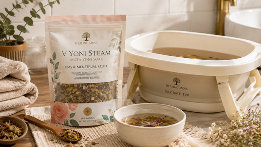 Healing Moss sitz bath tub with Mota Yoni Soak in a warm bathroom self-care setup