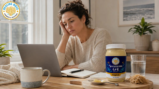 Woman over 35 at a desk with Healing Moss Original Sea Moss Gel as part of a Canadian morning wellness routine.