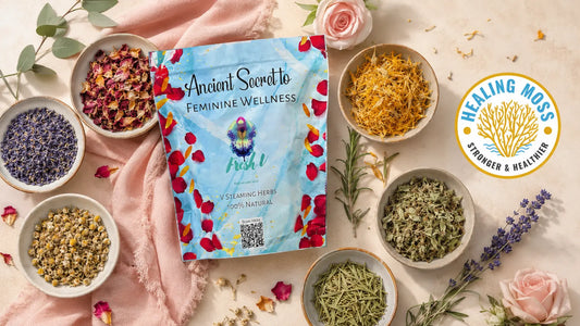 Healing Moss Fresh V Yoni Steam herbs with rose petals, lavender, chamomile, calendula, rosemary, and mugwort for herbal yoni steam ingredients.