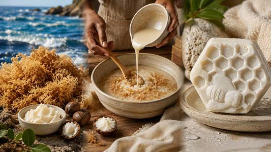 Healing Moss sea moss shea butter soap shown with raw sea moss, shea butter, and a mixing bowl to visually represent how the handmade soap is sourced and made.