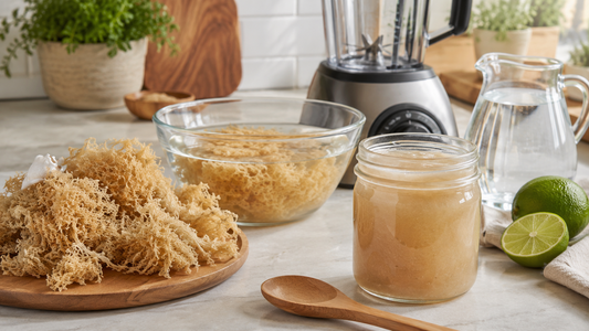 Raw dried sea moss on a clean kitchen counter with soaked sea moss in a glass bowl, a blender, fresh lime, water, wooden spoon, and a finished jar of homemade sea moss gel, showing the full process of how to make sea moss gel at home.
