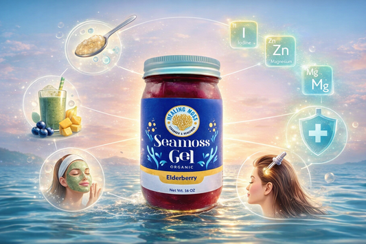 How to use sea moss gel infographic showing dosage, minerals, skin, hair, digestion and immune benefits with Healing Moss gel jar