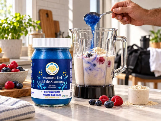 Healing Moss sea moss gel being added to a protein shake with berries and protein powder in a blender