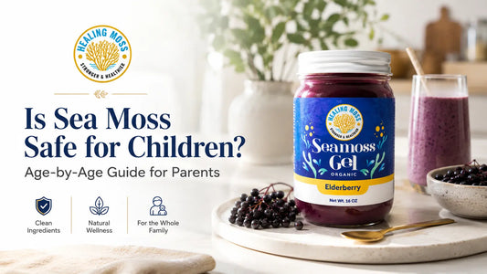 Healing Moss Elderberry Sea Moss Gel in a bright kitchen setting with headline text for an age-by-age guide on whether sea moss is safe for children.