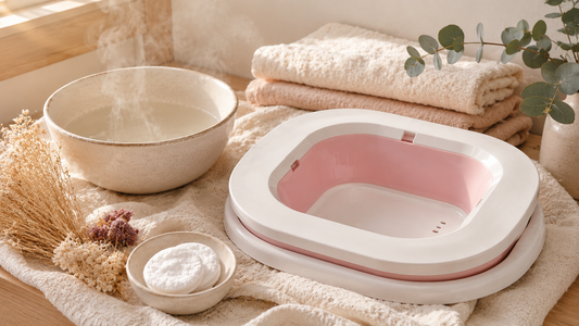 Healing Moss portable foldable sitz bath tub beside a warm water bowl, soft towels, eucalyptus, cotton pads, and dried flowers for gentle postpartum recovery and at-home perineal care.