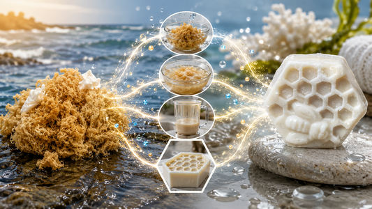 Raw Irish sea moss transforming into Sea Moss and Shea Butter Soap with ocean water, soap-making steps, minerals, and natural skincare energy.