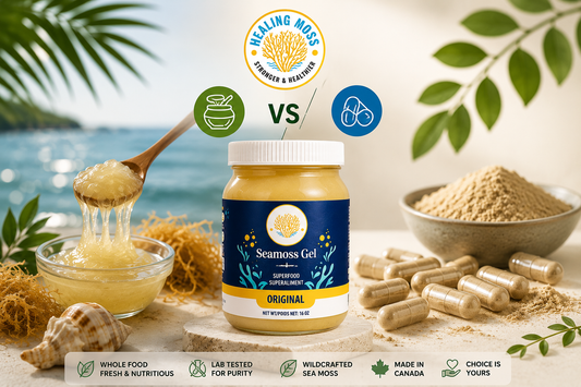 Healing Moss Original Sea Moss Gel beside sea moss capsules illustrating the difference between sea moss gel and capsules.