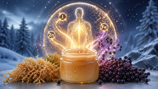 Sea moss for cold and flu Canada concept showing immune shield with glowing nutrients and elderberry support in winter