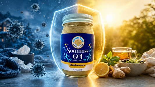 Sea moss gel immune support concept showing Healing Moss jar acting as protective barrier between cold flu environment and healthy lifestyle
