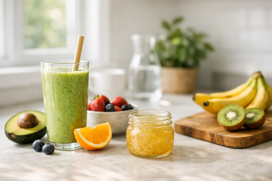 Sea moss gel smoothie with fruits in a healthy morning routine kitchen settingSea moss gel smoothie with fruits in a healthy morning routine kitchen setting