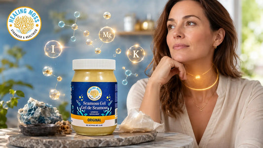 Healing Moss Original sea moss gel with iodine, magnesium, and potassium symbols beside a woman, illustrating the link between sea moss, thyroid support, and hormonal balance.