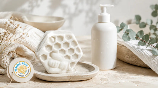 Healing Moss shea butter bar soap beside a body wash bottle for a dry skin cleanser comparison