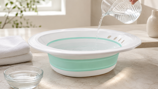 Healing Moss foldable sitz bath basin with warm water and towel for hemorrhoid relief education.