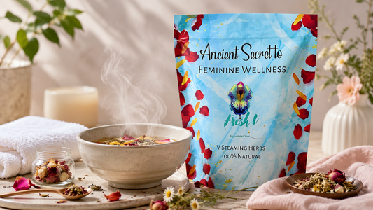 V steam Canada beginner guide with herbal yoni steam blend, warm self-care setup, soft towel, and calming wellness elements