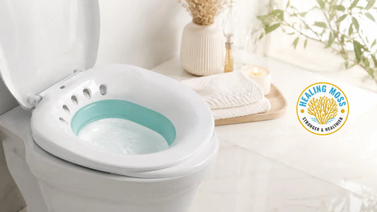 Healing Moss sitz bath tub with mint green insert in a clean bathroom setup for warm sitz bath temperature, duration, and comfort tips