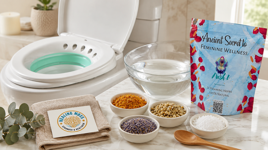 Healing Moss portable sitz bath with Fresh V Yoni Steam, Epsom salt, calendula, chamomile, and lavender herbs for a soothing herbal sitz bath.