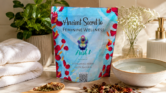 Healing Moss Fresh V Yoni Steam Blend in a calm self-care setup with dried herbs, soft towels, and warm wellness elements for yoni steam benefits and feminine care.