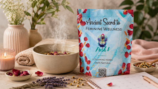 Fresh V yoni steam herbs pouch by Healing Moss displayed in a calming spa-style setting with a steaming ceramic bowl, soft towel, rose petals, lavender, chamomile, and a journal for cycle self-care.