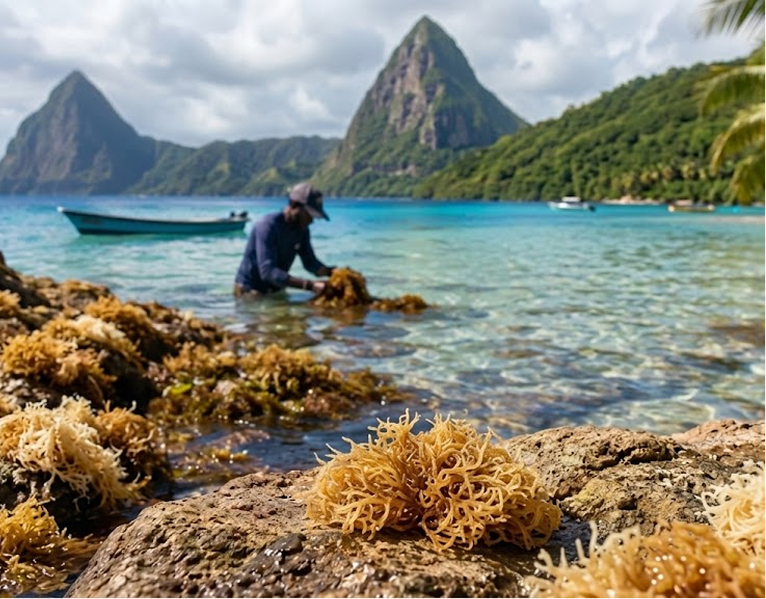 Wildcrafting sea moss on a Caribbean shore